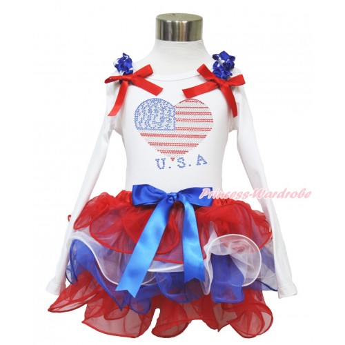 American's Birthday White Long Sleeve Top with Patriotic American Star Ruffles & Red Bow & Sparkle Crystal Bling Rhinestone USA Heart Print with Matching Royal Blue Bow Red White Blue Petal Pettiskirt MW488